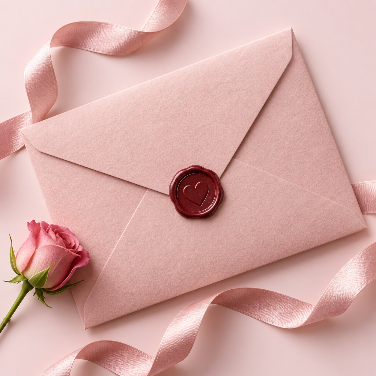 Un sobre rosa con un sello de corazón, una cinta de satén y una pequeña rosa.